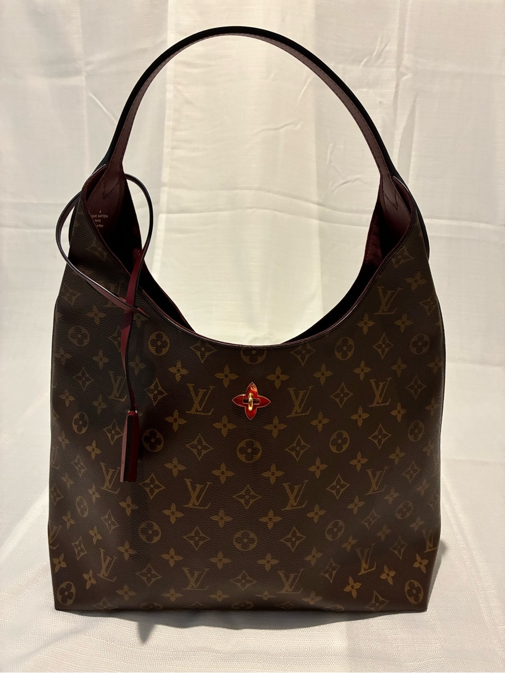Louis Vuitton Monogram Shoulder Hobo Flower Bordeaux Brown with Lock and Key